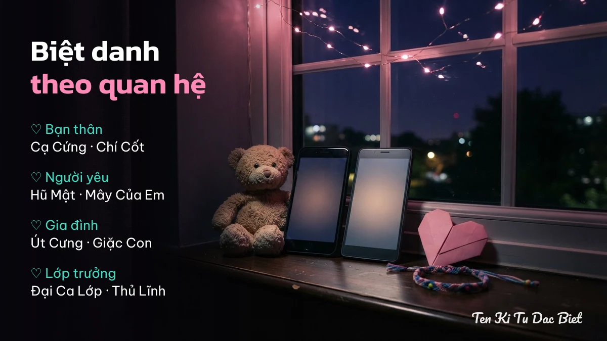 Hai điện thoại, gấu bông và vòng tay tình bạn bên cửa sổ đêm, minh hoạ biệt danh cho bạn thân và người yêu
