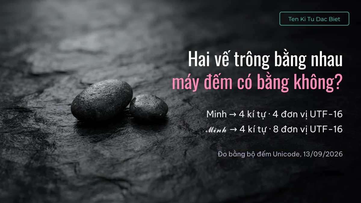 Hai viên sỏi lớn nhỏ trên nền đá tối minh hoạ cặp tên đôi trông bằng nhau nhưng số đơn vị UTF-16 khác nhau