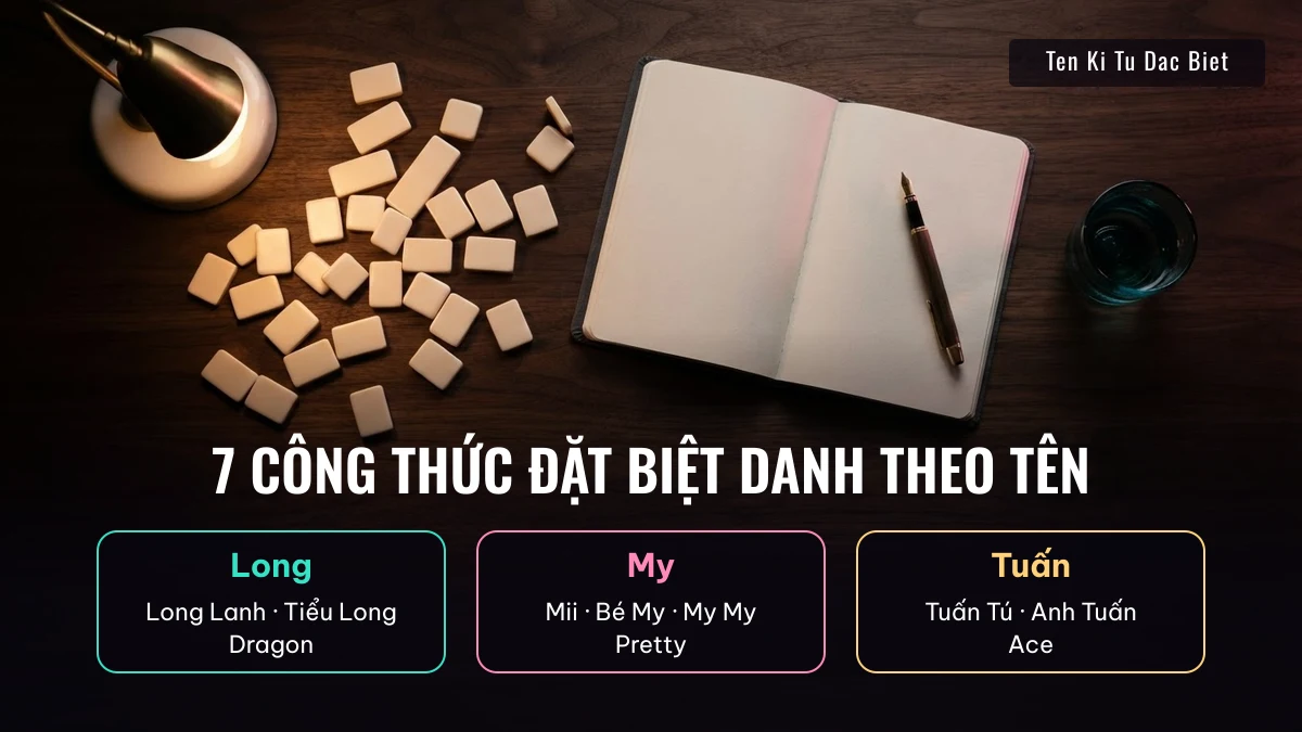 Bàn gỗ tối với sổ tay và các miếng chữ, minh hoạ công thức đặt biệt danh theo tên Long, My, Tuấn