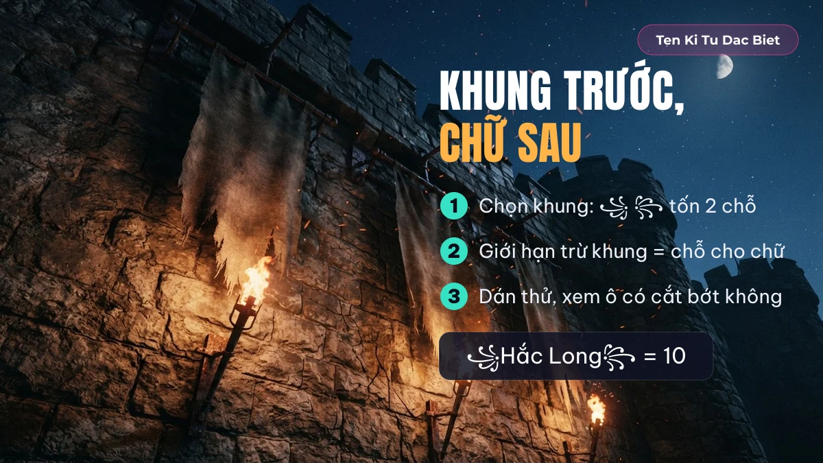 Ba bước đặt tên quân đoàn không hụt chỗ: chọn khung, trừ số kí tự của khung, dán thử trước khi xác nhận
