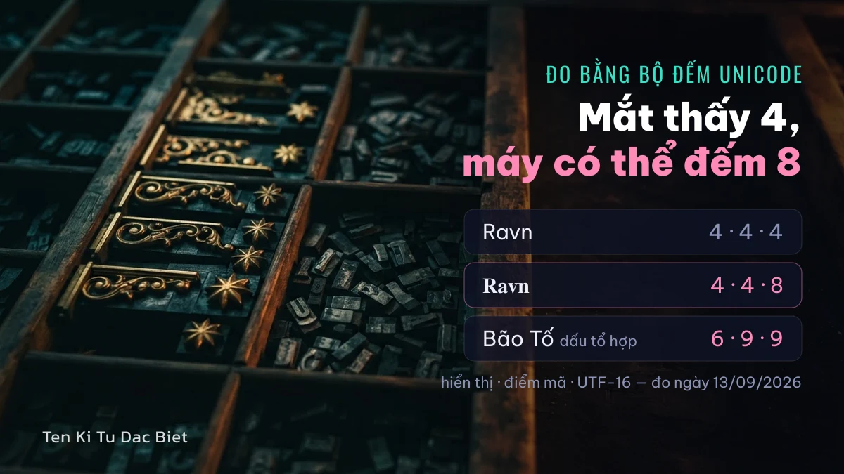 Bảng đo tên Ravn chữ thường và chữ đậm Unicode: mắt thấy 4 kí tự nhưng UTF-16 đếm 8