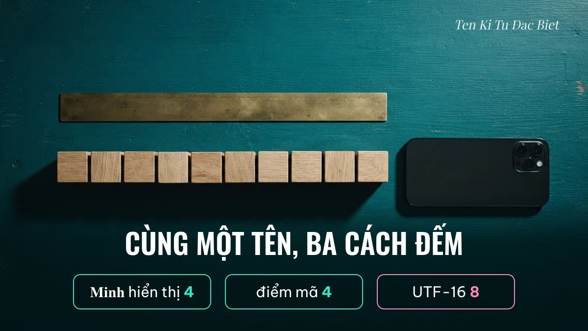 Hàng khối gỗ và thước đo minh hoạ tên bao nhiêu ký tự theo ba cách đếm: hiển thị, điểm mã, UTF-16