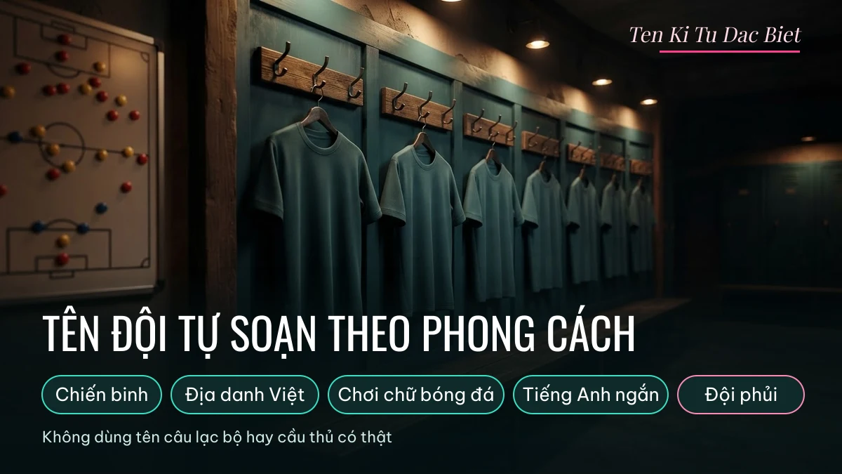 Phòng thay đồ với hàng áo trơn và năm phong cách tên đội FC Mobile: chiến binh, địa danh Việt, chơi chữ bóng đá, tiếng Anh ngắn, đội phủi