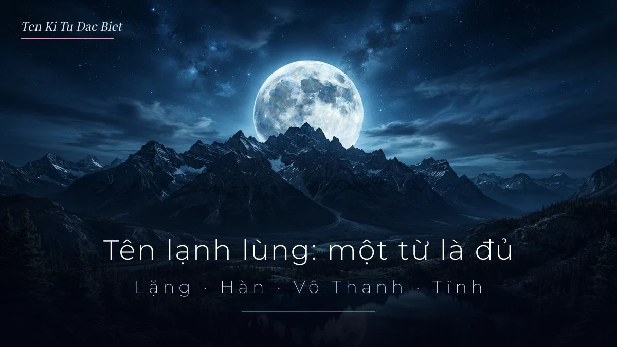Trăng tròn trên dãy núi đêm với dòng chữ tên lạnh lùng một từ là đủ: Lặng, Hàn, Vô Thanh, Tĩnh