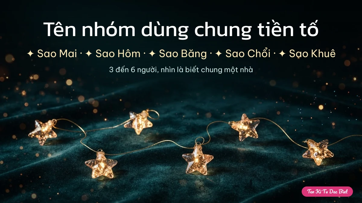 Chuỗi ngôi sao phát sáng nối bằng sợi chỉ vàng minh hoạ bộ tên nhóm dùng chung tiền tố Sao Mai, Sao Hôm, Sao Băng