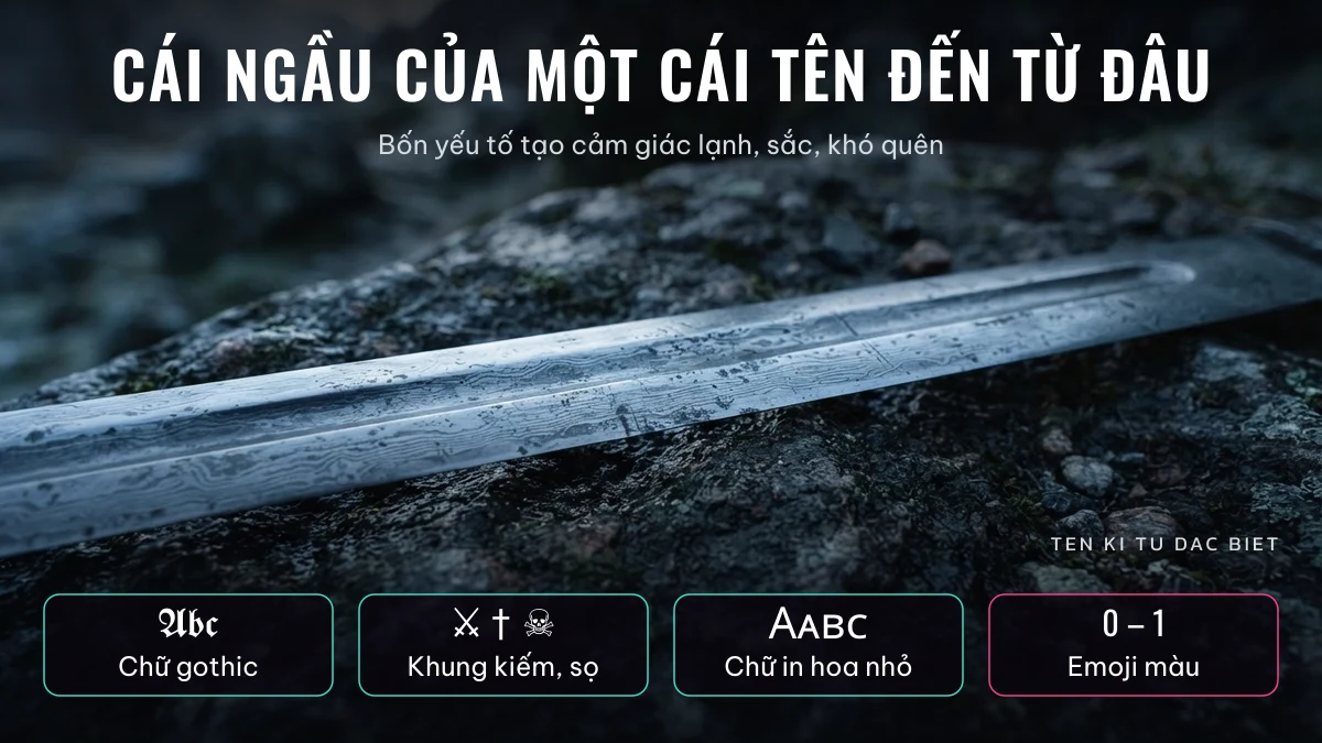 Lưỡi kiếm trên đá tối với bốn thẻ yếu tố tạo tên ngầu: chữ gothic, khung kiếm và sọ, chữ in hoa nhỏ, 0 đến 1 emoji màu