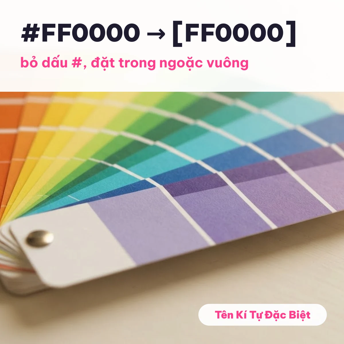 Quạt thẻ màu xếp trên bàn sáng, minh hoạ bảng màu FF với mã [FF0000] [FFD700]