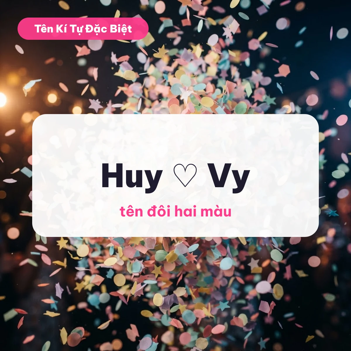 Hoa giấy màu phấn rơi kín khung, minh hoạ tên đôi hai màu FF như Huy ♡ Vy